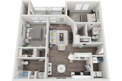 Floor plan for 2 beds, 2 baths, 1105 sqft